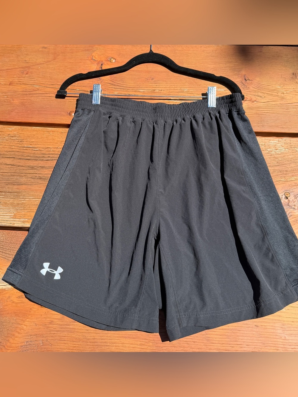 🛍️BOGO50% EUC Under Armour Men's Black Lined Shorts Drawstring Large Heat Gear
